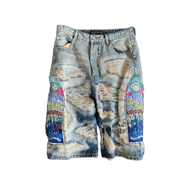 Ripped denim rhinestone shorts